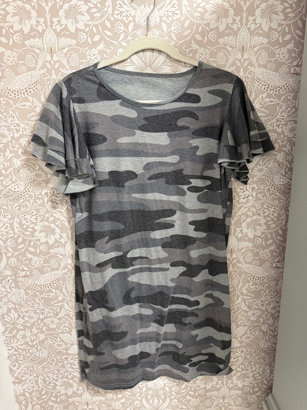 Gray Camo Ruffle Sleeve T shirt dress